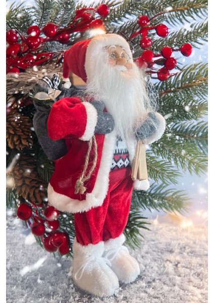 Yılbaşı Süsü Noel Baba Biblo Figür Büyük Boy 45CM -Kayakları, Hediye Çuvalı ve Aksesuarları ile