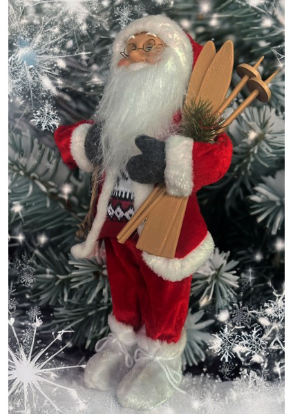 Yılbaşı Süsü Noel Baba Biblo Figür Büyük Boy 45CM -Kayakları, Hediye Çuvalı ve Aksesuarları ile
