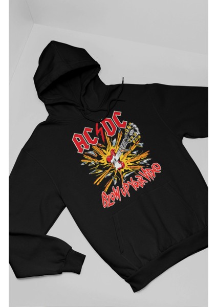 Unisex Ac-Dc Rock Band Baskılı Kapüşonlu Sweatshirt, Oversize Rock Metal Müzik Baskılı Hoodie