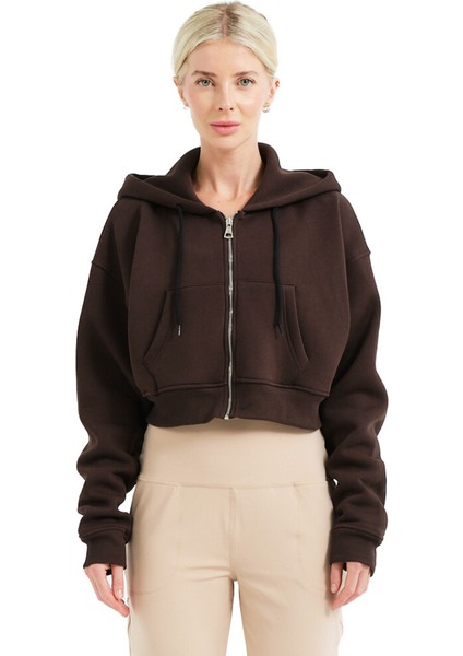 Crop Kapüşonlu Fermuarlı Kanguru Cepli Şardonlu Hoodie Acı Kahve Kadın Sweatshirt - Lumen fiyatları