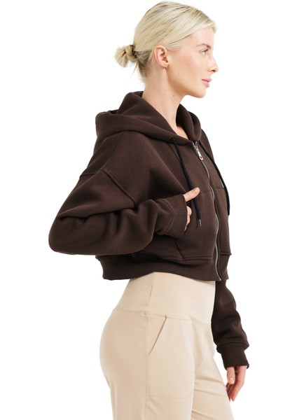Crop Kapüşonlu Fermuarlı Kanguru Cepli Şardonlu Hoodie Acı Kahve Kadın Sweatshirt - Lumen fırsatları