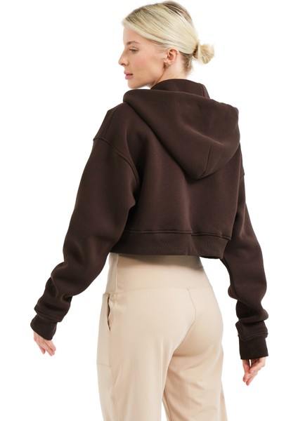 Crop Kapüşonlu Fermuarlı Kanguru Cepli Şardonlu Hoodie Acı Kahve Kadın Sweatshirt - Lumen indirimleri