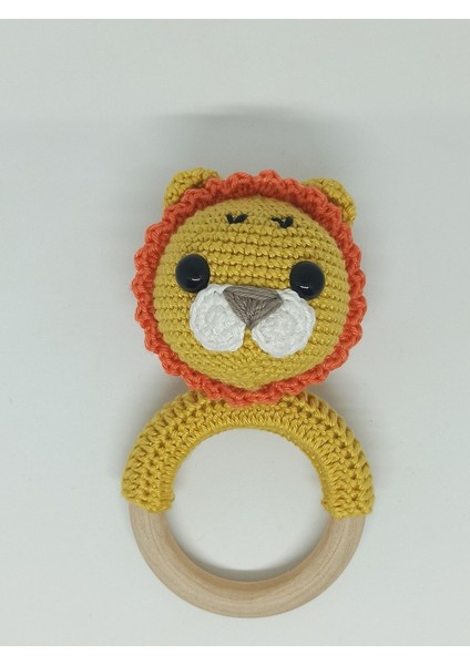 Yenidoğan Aslan Çıngırak Amigurumi Örgü Diş Kaşıyıcı Ham Ahşap Organik Oyuncak Karışık Renkli