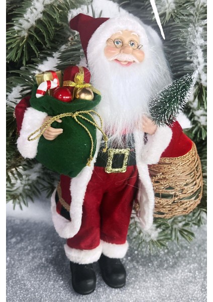 Yılbaşı Süsü Noel Baba Biblo Figür Büyük Boy 45CM -Elinde Çam Ağacı ve Hediye Çuvalı ile