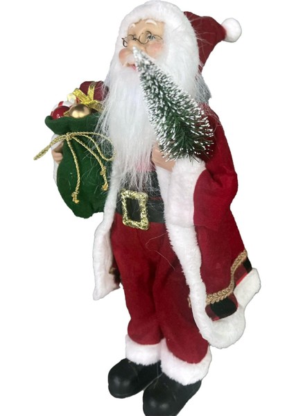 Yılbaşı Süsü Noel Baba Biblo Figür Büyük Boy 45CM -Elinde Çam Ağacı ve Hediye Çuvalı ile