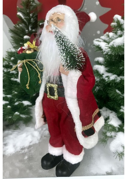 Yılbaşı Süsü Noel Baba Biblo Figür Büyük Boy 45CM -Elinde Çam Ağacı ve Hediye Çuvalı ile