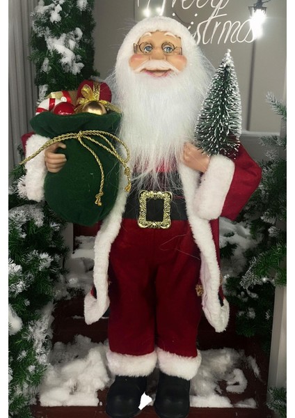 Yılbaşı Süsü Noel Baba Biblo Figür Büyük Boy 45CM -Elinde Çam Ağacı ve Hediye Çuvalı ile