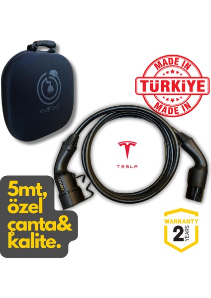 Tesla Elektrikli Araç Ara Şarj Kablosu 22KW, 32A, 5mt, Tip2