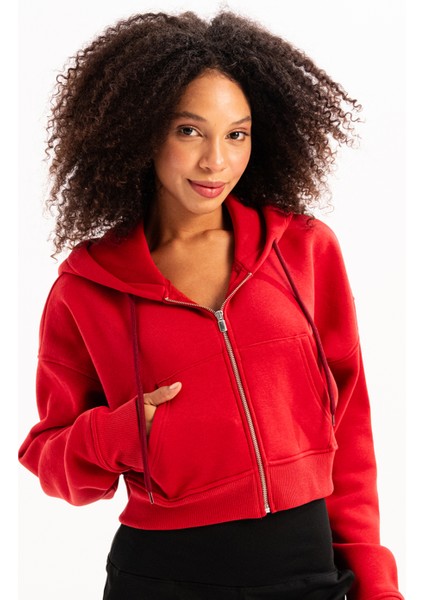 Crop Kapüşonlu Fermuarlı Kanguru Cepli Şardonlu Hoodie Kırmızı Kadın Sweatshirt - Lumen