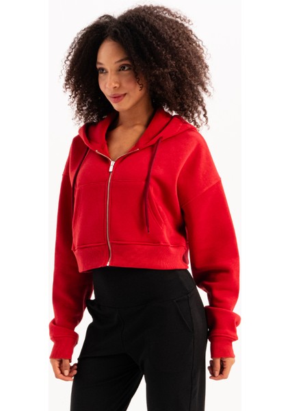 Crop Kapüşonlu Fermuarlı Kanguru Cepli Şardonlu Hoodie Kırmızı Kadın Sweatshirt - Lumen fiyatları