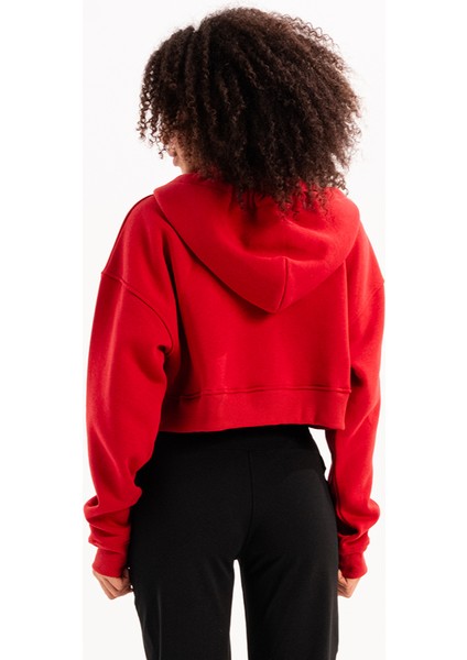 Crop Kapüşonlu Fermuarlı Kanguru Cepli Şardonlu Hoodie Kırmızı Kadın Sweatshirt - Lumen fırsatları