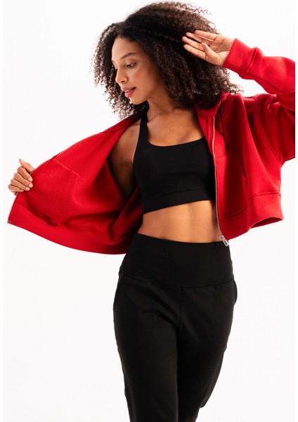 Crop Kapüşonlu Fermuarlı Kanguru Cepli Şardonlu Hoodie Kırmızı Kadın Sweatshirt - Lumen indirimleri