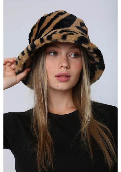 Kadın Peluş Bucket Şapka Rkş-01 Kahve Zebra
