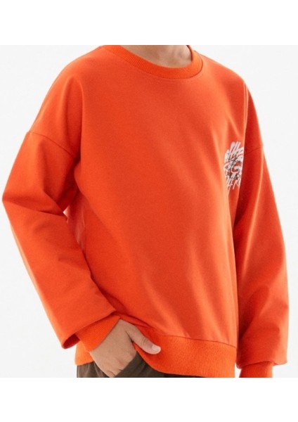Erkek Çocuk /kız Çocuk Önü Arkası Here Yazı Desenli Turuncu Renk Sweatshirt