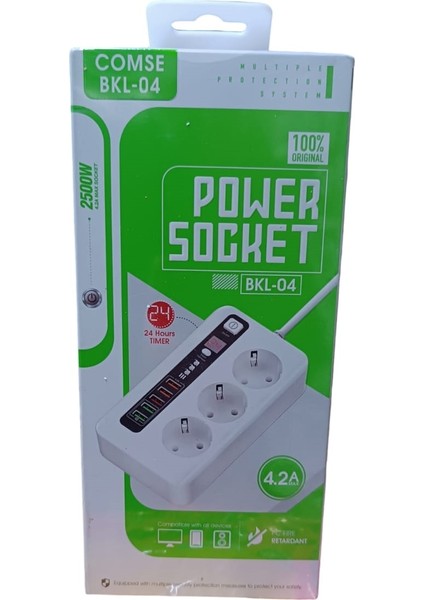 5 USB Portlu Akıllı Zaman Ayarlı On/off Düğmeli 2 Metre Uzatma Kablolu 3'lü Priz Beyaz