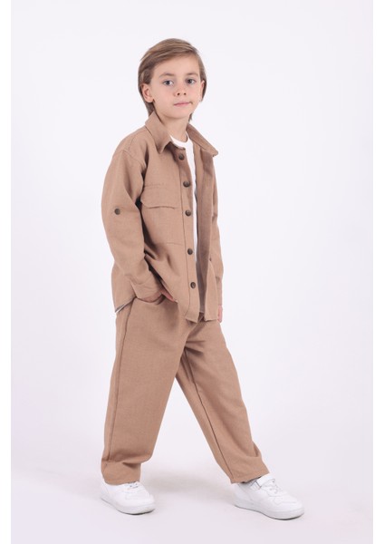 Erkek Çocuk Oversize Pamuklu Keten Gömlek Tişört Pantolon 3'lü Alt Üst Takım