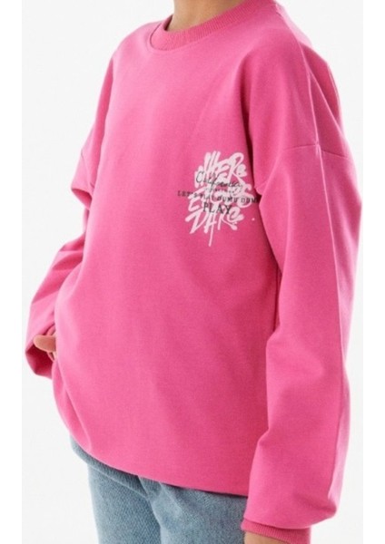 Kız Çocuk Önü Arkası Here Yazı Desenli Pembe Renk Sweatshirt
