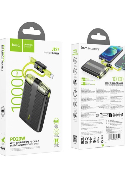 J127 Dijital Göstergeli Dual Kablolu 20W Hızlı Şarj Destekli 10.000 Mah Pd Mini Powerbank