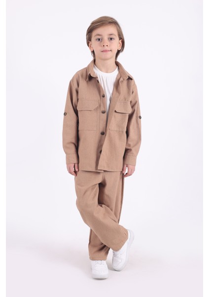 Erkek Çocuk Oversize Pamuklu Keten Gömlek Tişört Pantolon 3'lü Alt Üst Takım modelleri