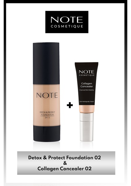 Detox & Protect Spf 15 Fondöten 02 & Collagen Concealer 02 Spf 20 Göz Altı Kapatıcısı Makyaj Seti