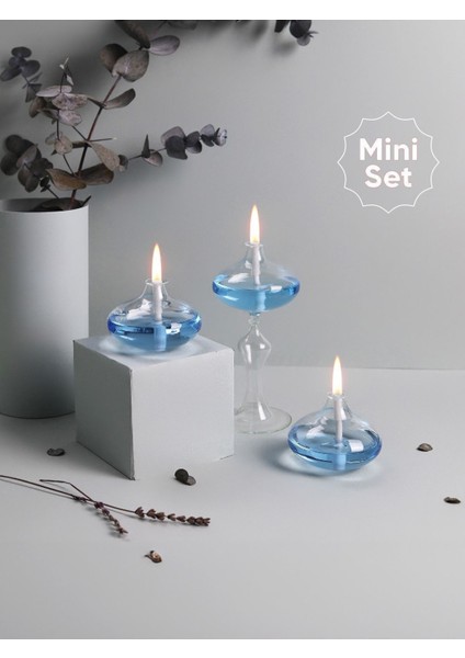 Eclipse Buz Mavisi Cam Kandil Seti ( 3 Adet Kandil - 200 ml Kandil Yağı - 3 Adet Kandil Fitili )