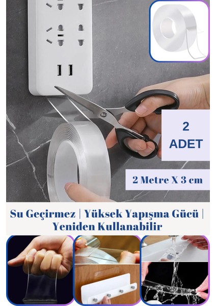 2 Adet Yeni Nesil Güçlü Şeffaf Esnek Kesilebilir Çok Amaçlı Kullanım Sunar Çift Taraflı Nano Bant 2 Metre