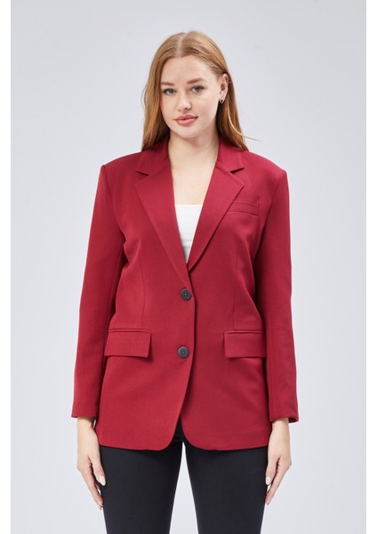 Bordo Kadın Düğmeli Oversize Blazer Ceket