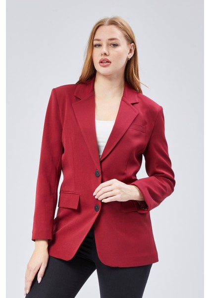 Bordo Kadın Düğmeli Oversize Blazer Ceket