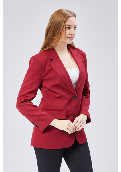 Bordo Kadın Düğmeli Oversize Blazer Ceket