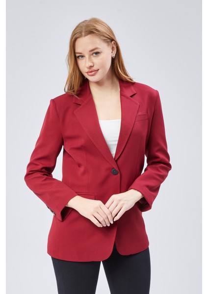 Bordo Kadın Düğmeli Oversize Blazer Ceket