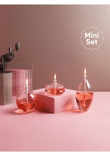 Glory Rose Mini Cam Kandil Seti ( 3 Adet Cam Kandil - 200 ml Kandil Yağı - 3 Adet Kandil Fitili )