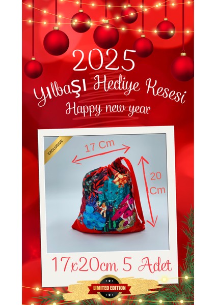 Özel Tasarım 2025 Happy New Year Yılbaşı Konseptli Kurdeleli Hatıra Kesesi Çuvalı (17X20CM) 1 Adet