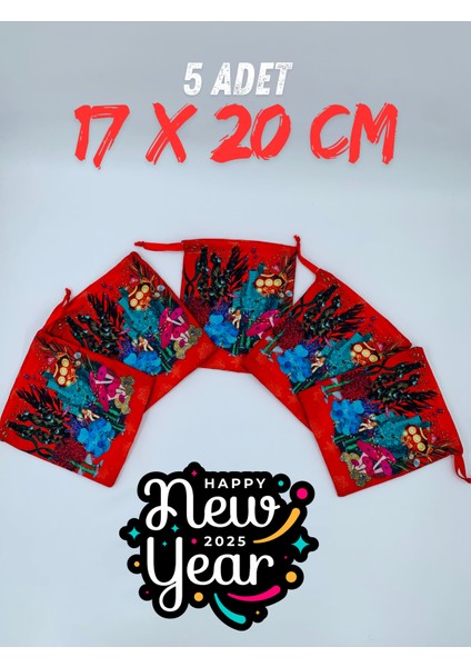 Özel Tasarım 2025 Happy New Year Yılbaşı Konseptli Kurdeleli Hatıra Kesesi Çuvalı (17X20CM) 1 Adet