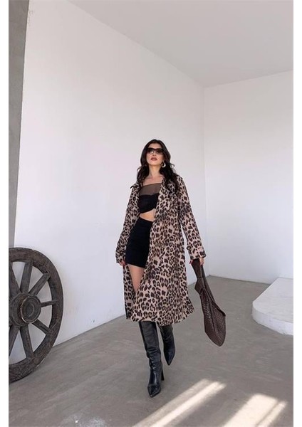 Dipmoda kadın leopar desenli midi boy trençkot DPMYLK31 modelleri