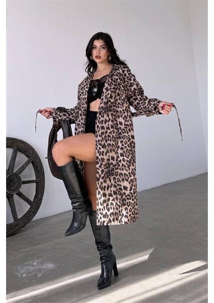 Dipmoda kadın leopar desenli midi boy trençkot DPMYLK31 fırsatları