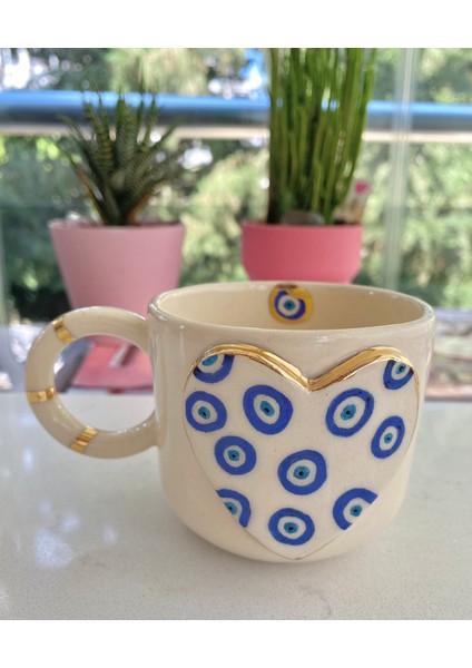 El Yapımı Seramik Gerçek 24K Altın Dekorlu Büyük Kalp Nazar Kupa