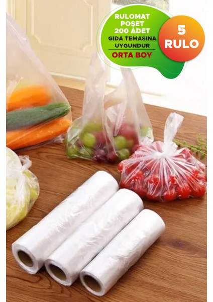 Manav Bakkal Poşeti Rulo Poşet 200 Adet Sarımlı Gıdaya Uygun 5 Rulo Orta Boy