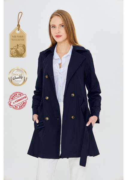 Esnek Pamuk Gabardin Kısa (80CM) Omuz Apoletli Kemerli Kadın Trençkot 1120