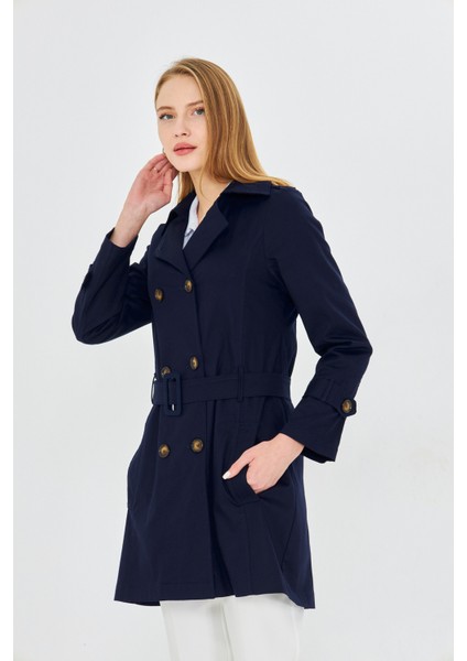 Esnek Pamuk Gabardin Kısa (80CM) Omuz Apoletli Kemerli Kadın Trençkot 1120 modelleri