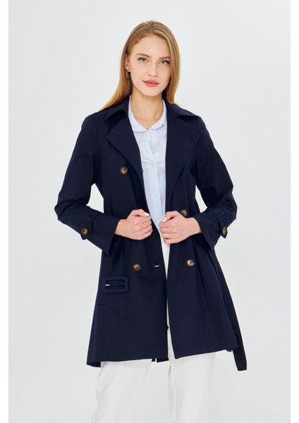 Esnek Pamuk Gabardin Kısa (80CM) Omuz Apoletli Kemerli Kadın Trençkot 1120