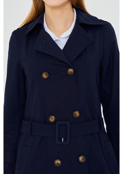 Esnek Pamuk Gabardin Kısa (80CM) Omuz Apoletli Kemerli Kadın Trençkot 1120