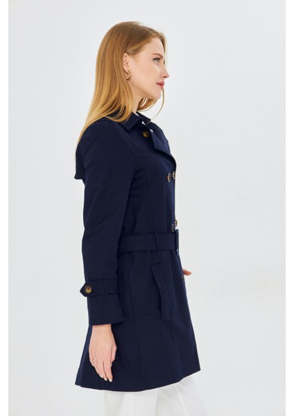 Esnek Pamuk Gabardin Kısa (80CM) Omuz Apoletli Kemerli Kadın Trençkot 1120