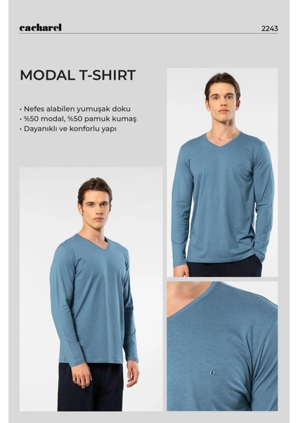 Erkek %50 Modal, %50 Pamuk V Yaka Uzunkol T-Shirt