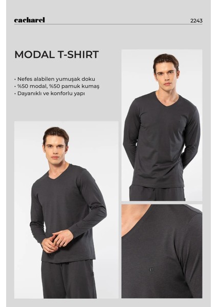 Erkek %50 Modal, %50 Pamuk V Yaka Uzunkol T-Shirt