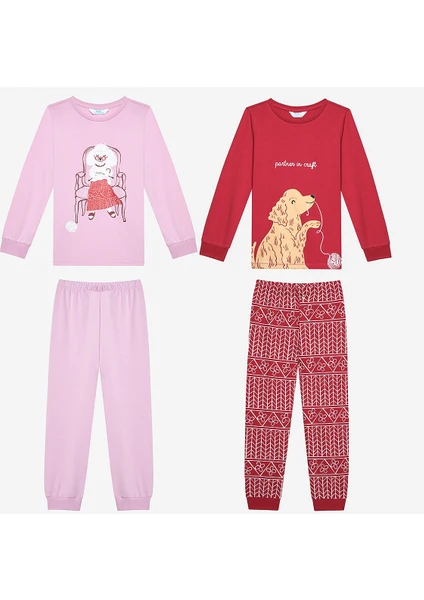 Pamuklu Kız Çocuk Crafty Dogs Çok Renkli 2li Pijama Takımı