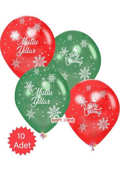 Parti Pera Mutlu Yıllar Merry Christmas Baskılı Balon 10 Adet Yılbaşı Süsü