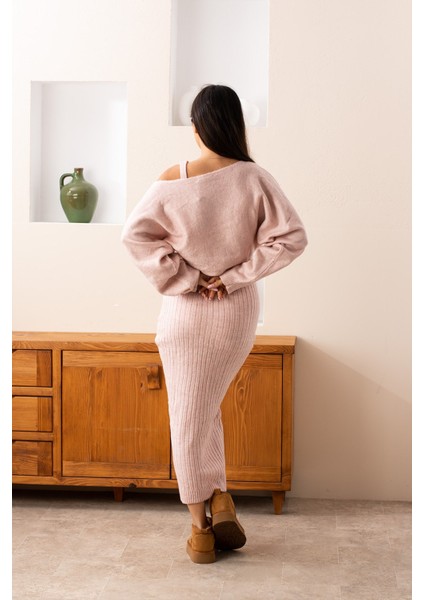 Toz Pembe 2 Li Takım Triko Elbise