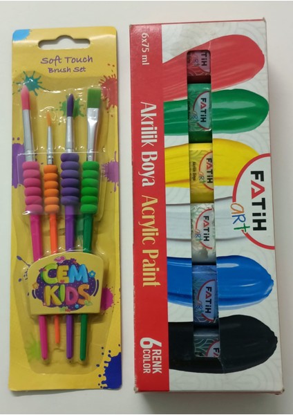 Akrilik Boya 6 Renk 75ML ve Cem Fırça Seti 4lü