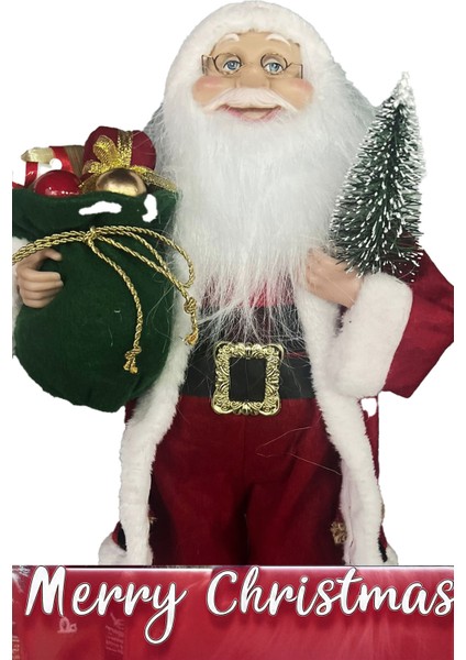 Yılbaşı Süsü Noel Baba Biblo Figür Büyük Boy 45CM -Elinde Çam Ağacı ve Hediye Çuvalı ile