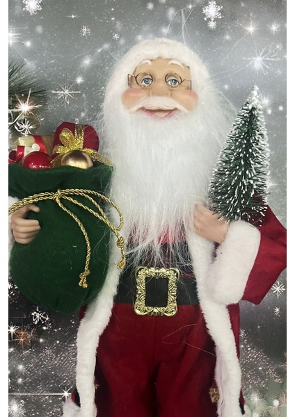 Yılbaşı Süsü Noel Baba Biblo Figür Büyük Boy 45CM -Elinde Çam Ağacı ve Hediye Çuvalı ile